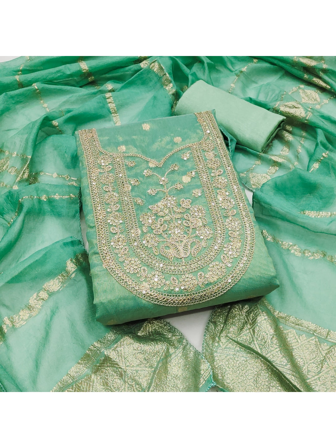 Peachmode Sea Green Shimmer Silk Dress Material with Embroidered Dupatta - Image 1