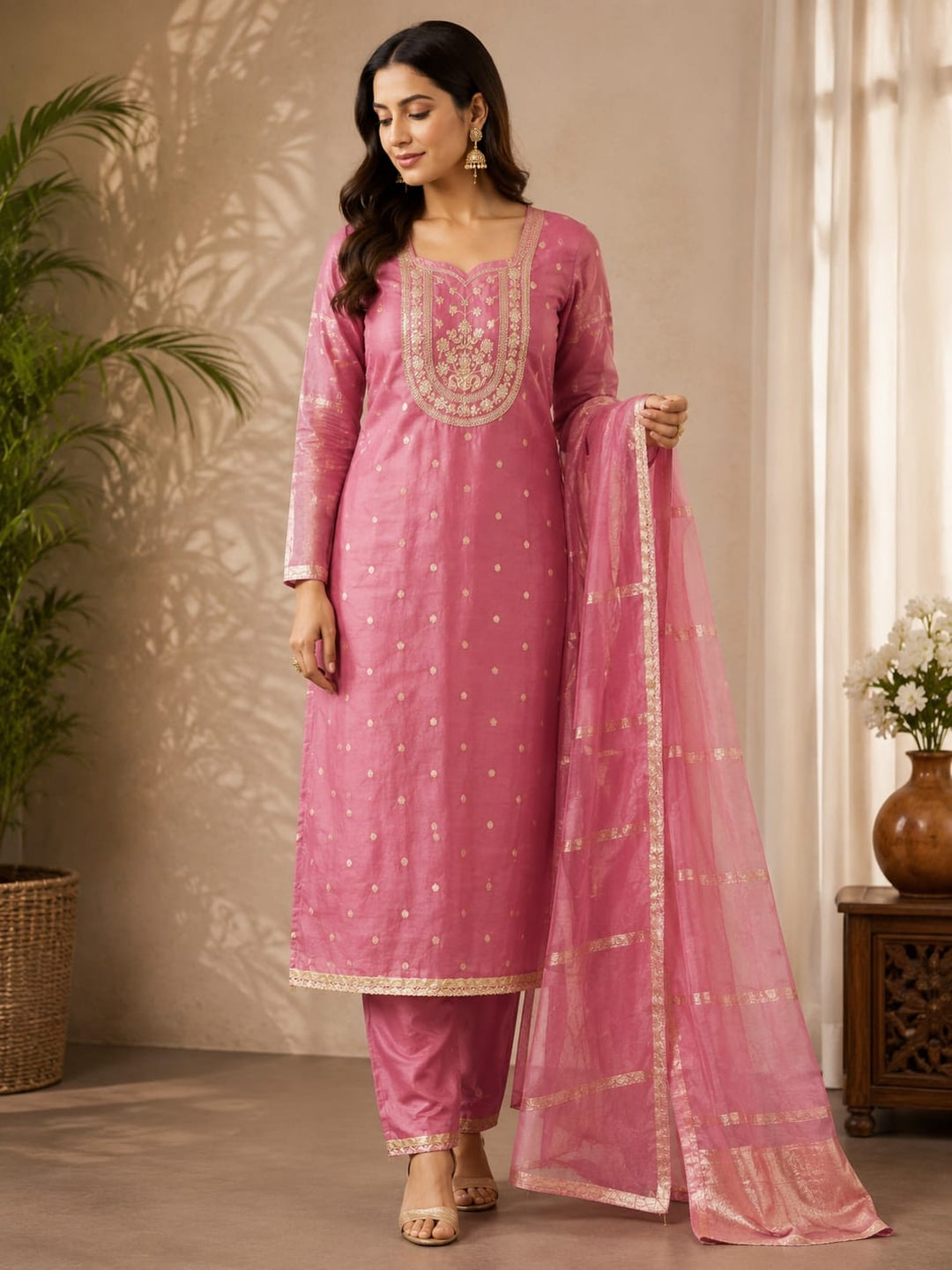 Peachmode Pink Shimmer Silk Dress Material with Embroidered Dupatta - Image 2