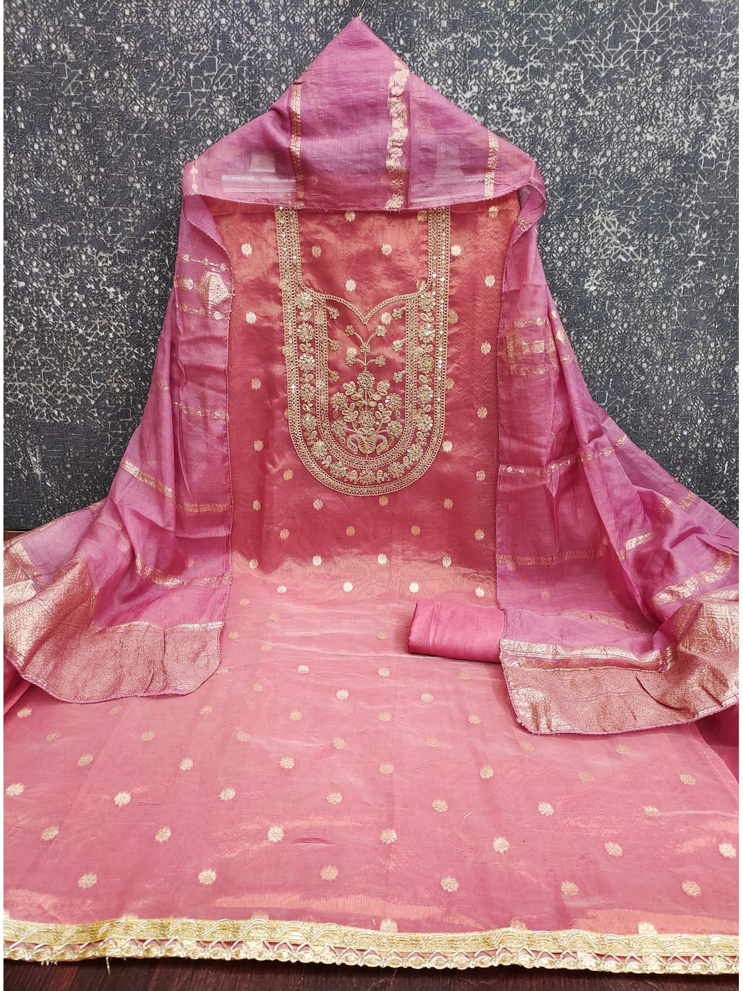 Peachmode Pink Shimmer Silk Dress Material with Embroidered Dupatta - Image 3