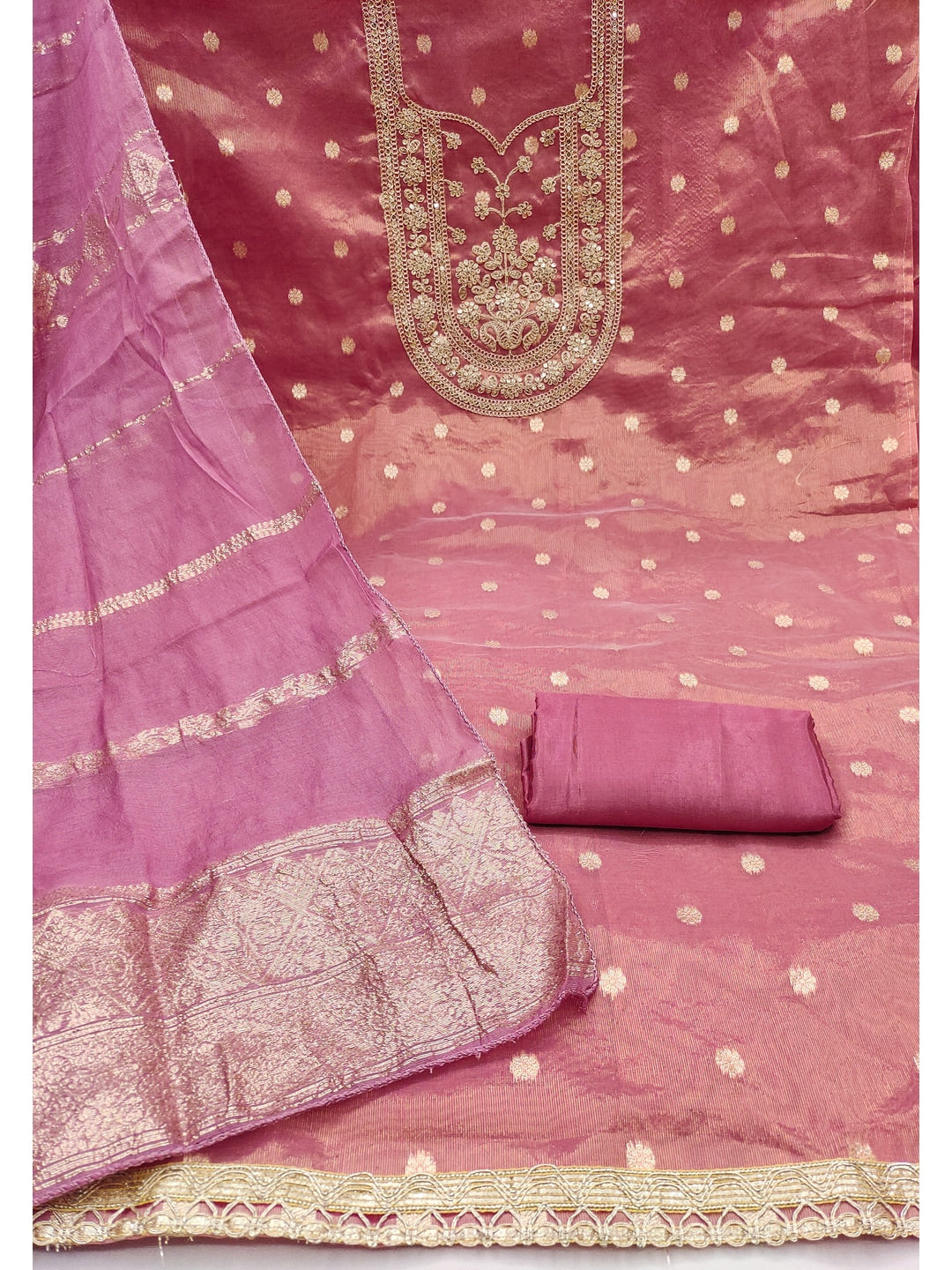 Peachmode Pink Shimmer Silk Dress Material with Embroidered Dupatta - Image 4