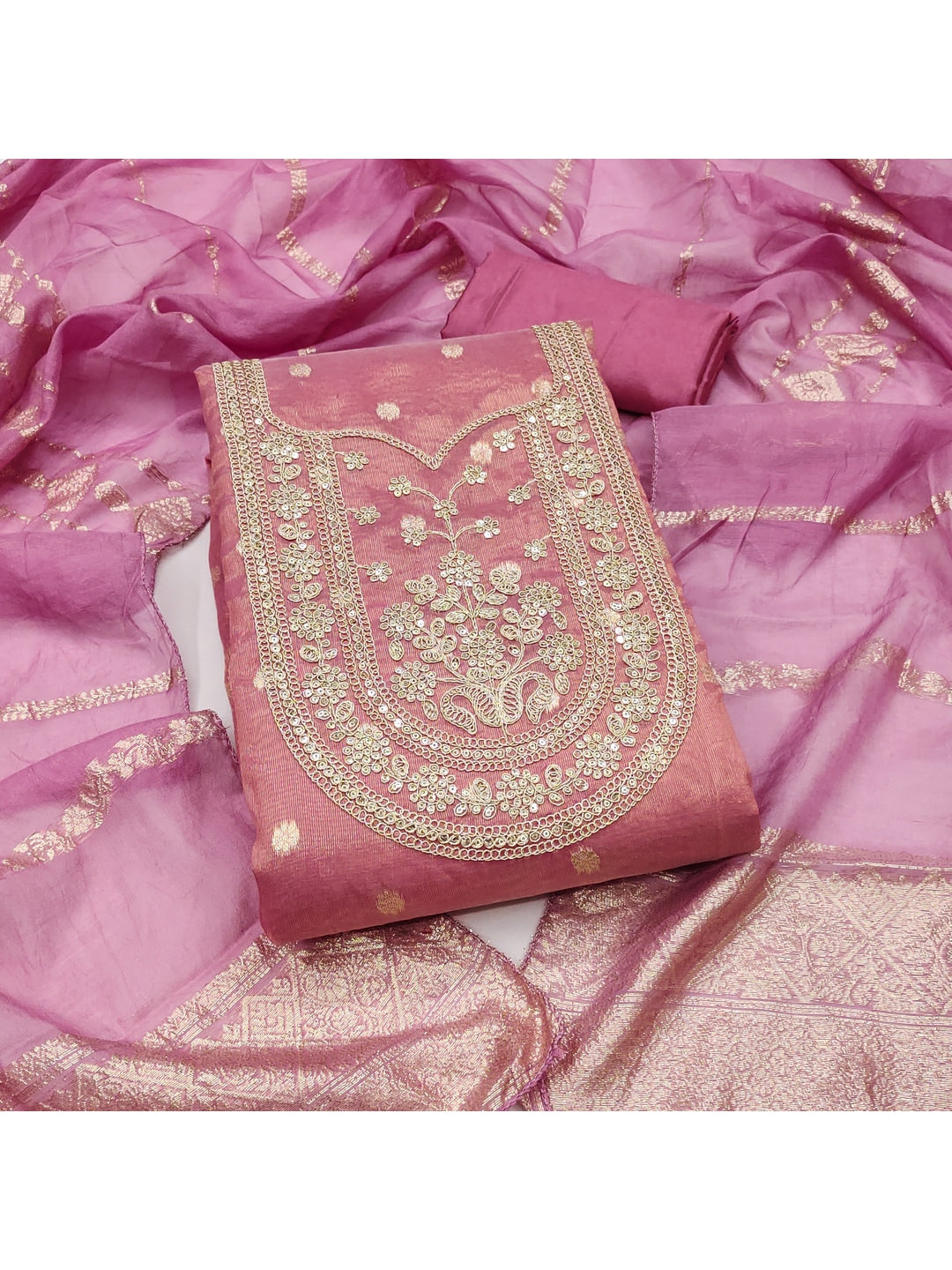 Peachmode Pink Shimmer Silk Dress Material with Embroidered Dupatta - Image 1