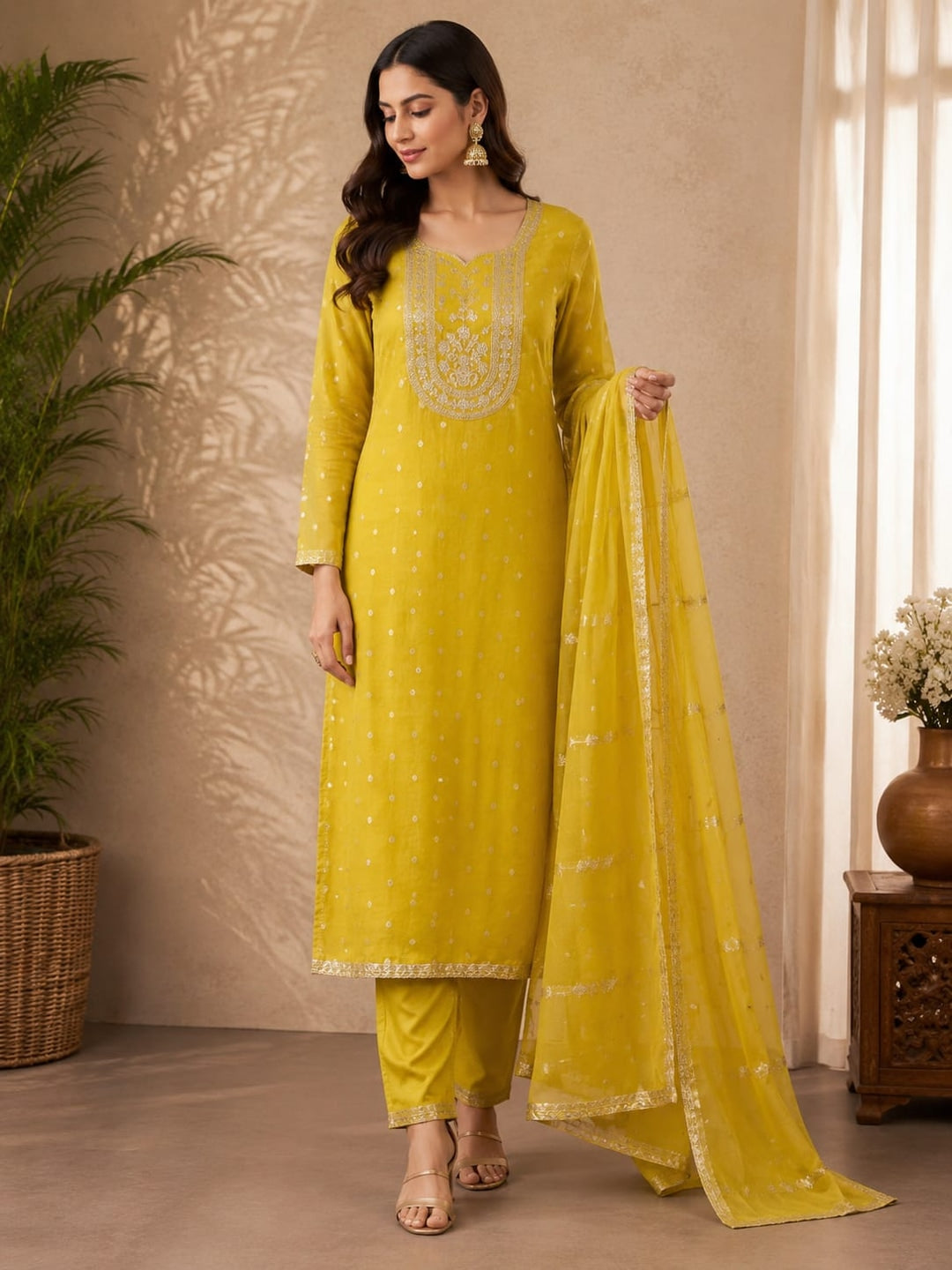 Peachmode Yellow Shimmer Silk Dress Material with Embroidered Dupatta - Image 2
