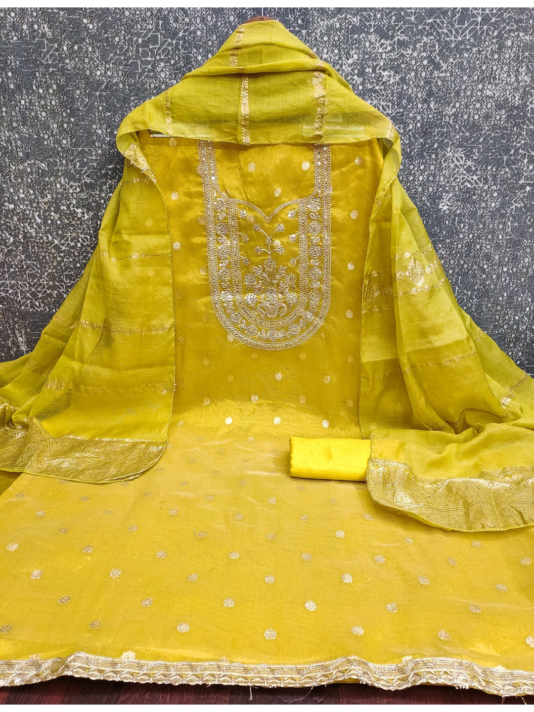 Peachmode Yellow Shimmer Silk Dress Material with Embroidered Dupatta - Image 2