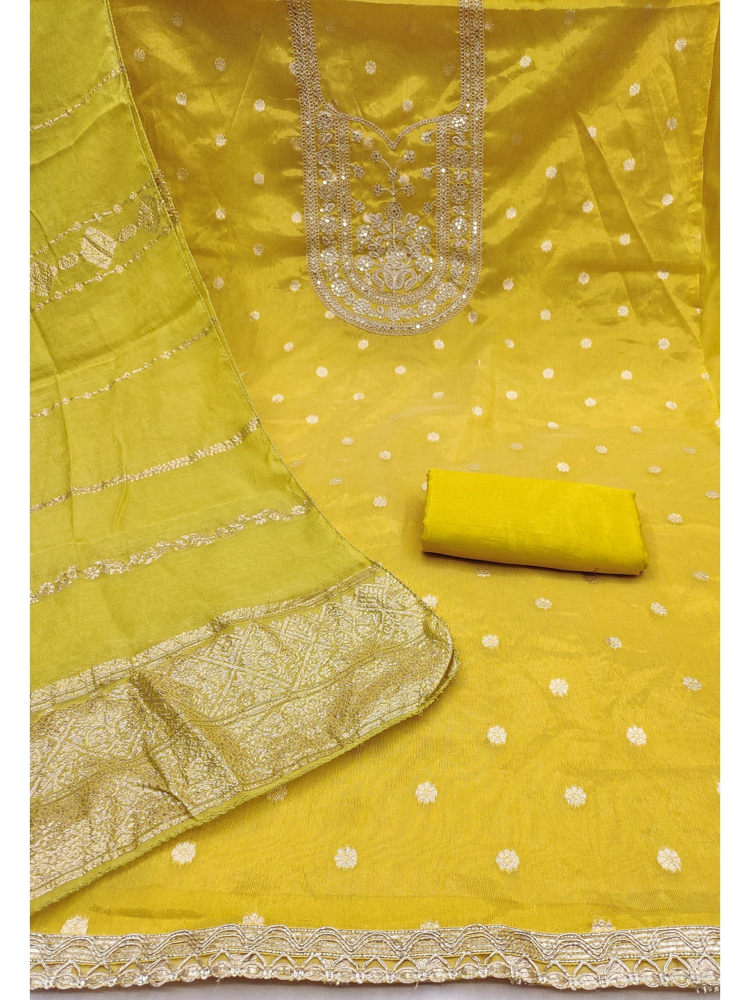 Peachmode Yellow Shimmer Silk Dress Material with Embroidered Dupatta - Image 4