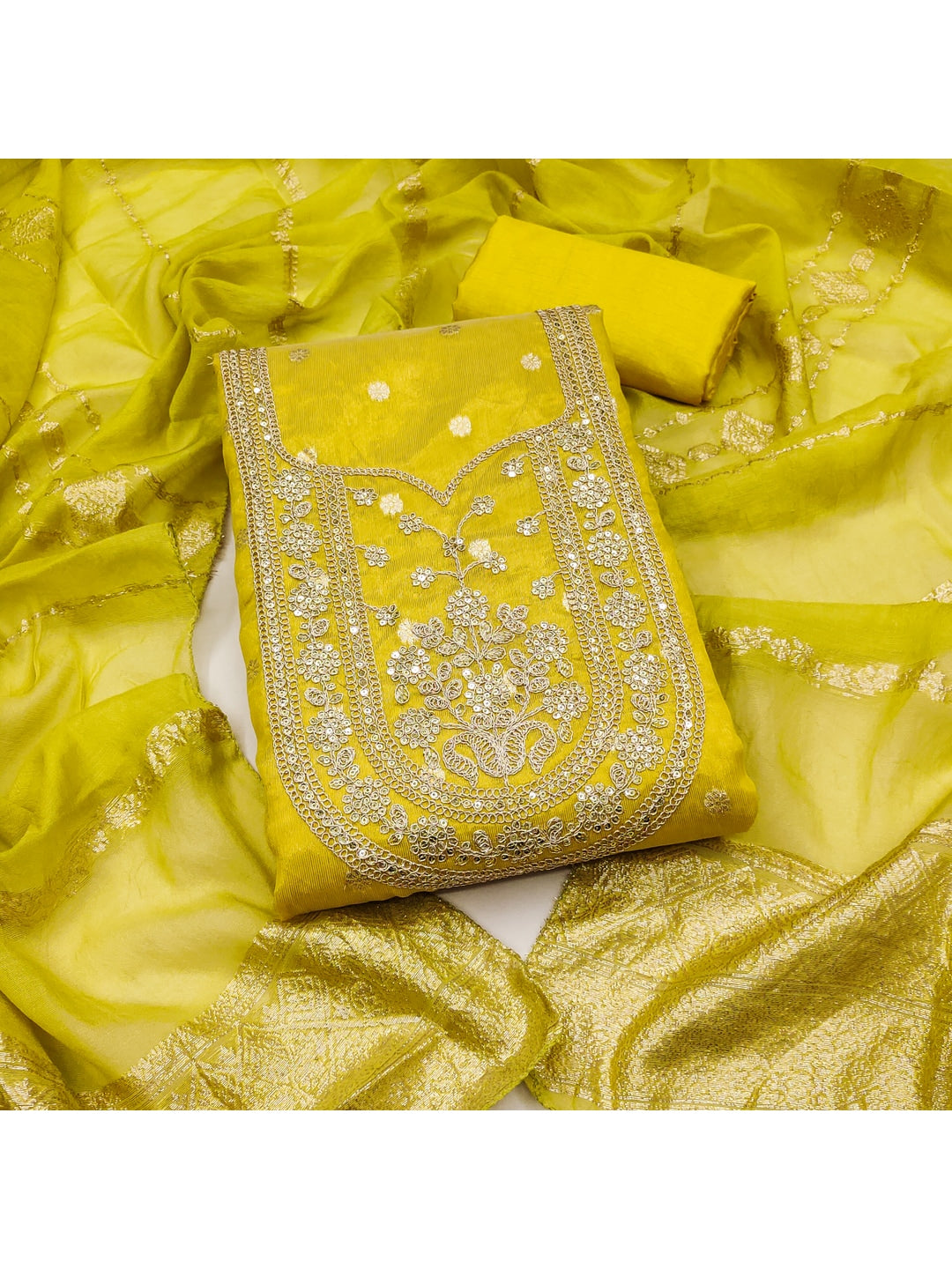 Peachmode Yellow Shimmer Silk Dress Material with Embroidered Dupatta - Image 1