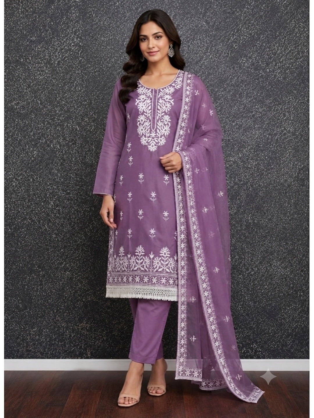 Peachmode Purple Roman Silk Dress Material with Embroidered Dupatta - Image 1
