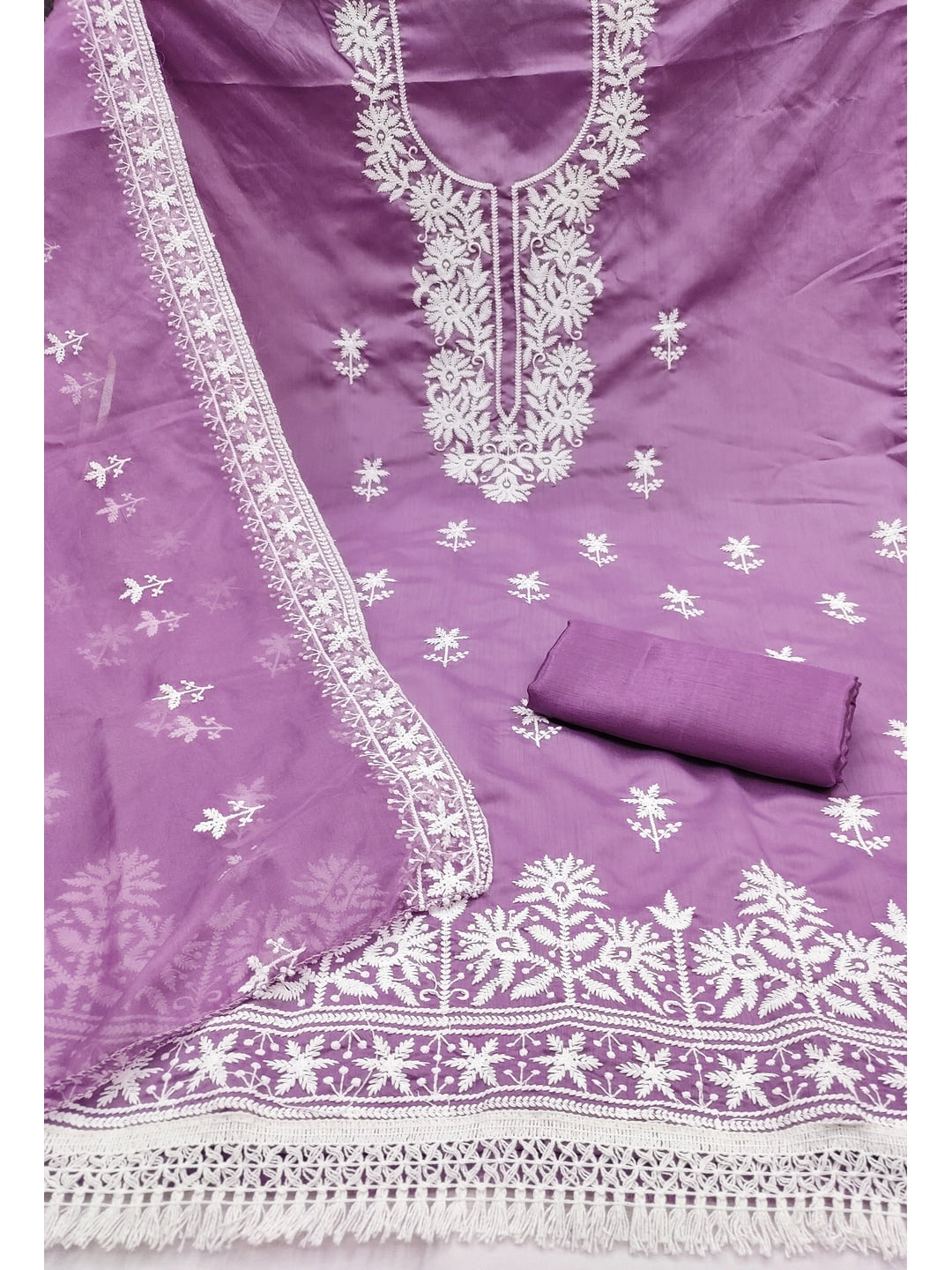 Peachmode Purple Roman Silk Dress Material with Embroidered Dupatta - Image 4