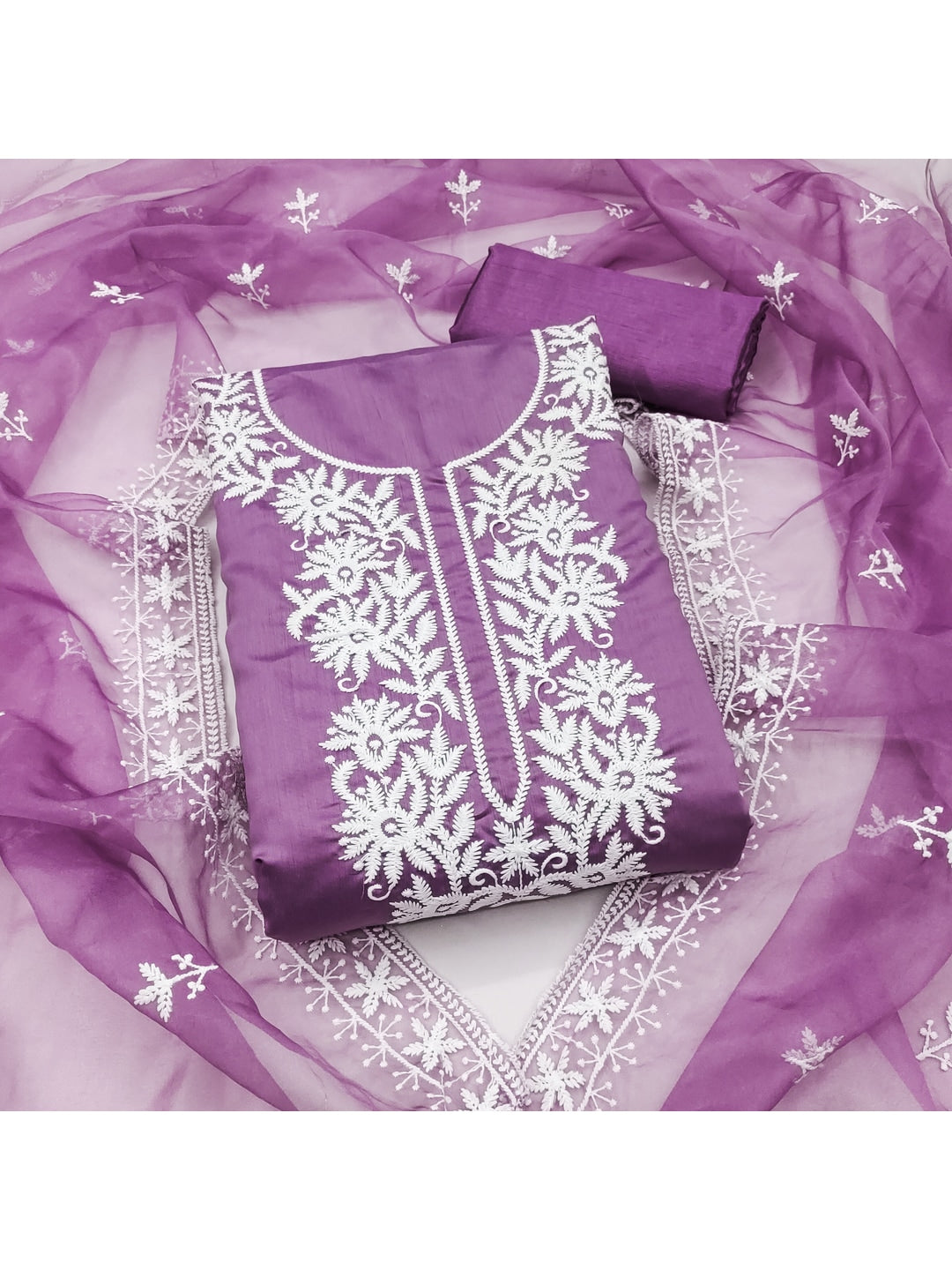 Peachmode Purple Roman Silk Dress Material with Embroidered Dupatta - Image 1
