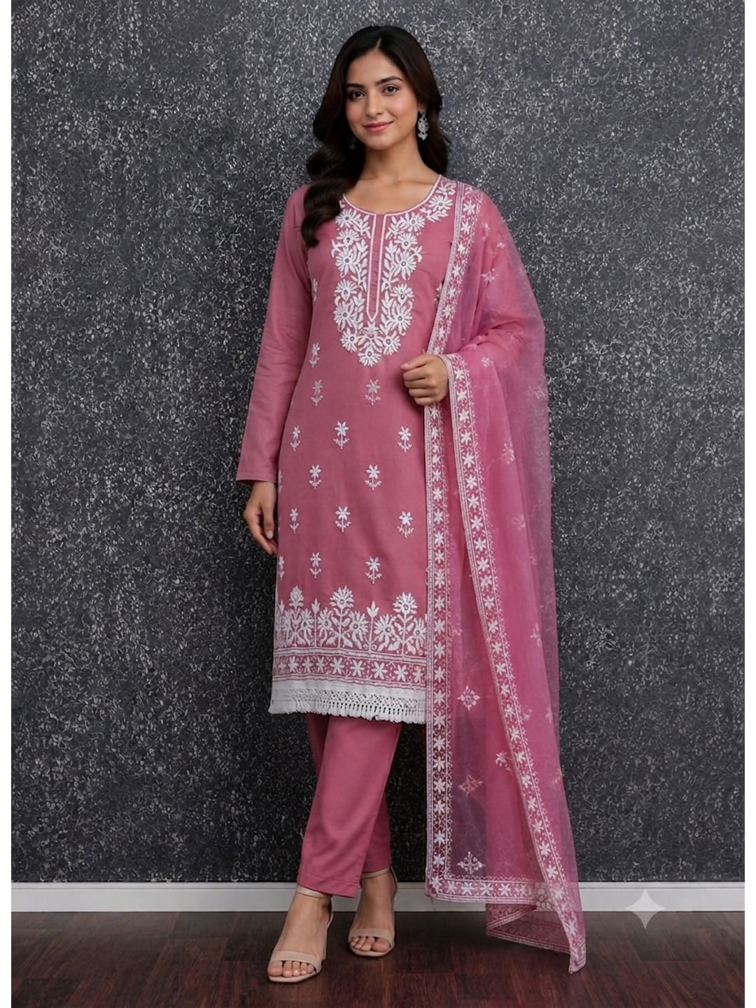 Peachmode Mauve Roman Silk Dress Material with Embroidered Dupatta - Image 2