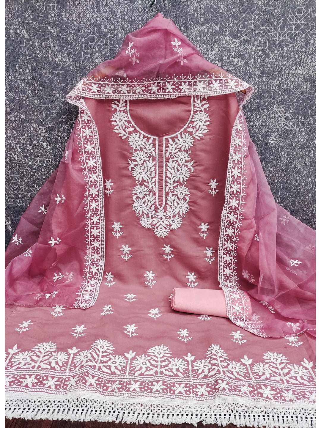 Peachmode Mauve Roman Silk Dress Material with Embroidered Dupatta - Image 3
