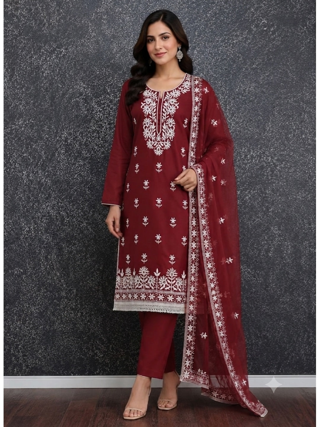 Peachmode Maroon Roman Silk Dress Material with Embroidered Dupatta - Image 2
