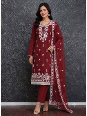 Peachmode Maroon Roman Silk Dress Material with Embroidered Dupatta - Image 1