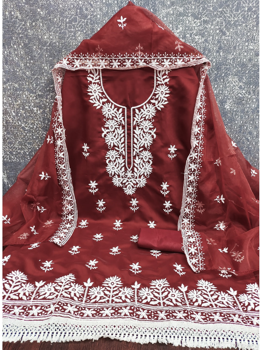 Peachmode Maroon Roman Silk Dress Material with Embroidered Dupatta - Image 3