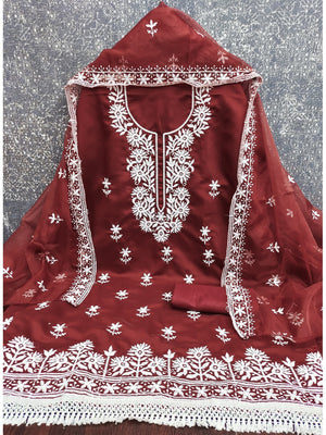 Peachmode Maroon Roman Silk Dress Material with Embroidered Dupatta - Image 2