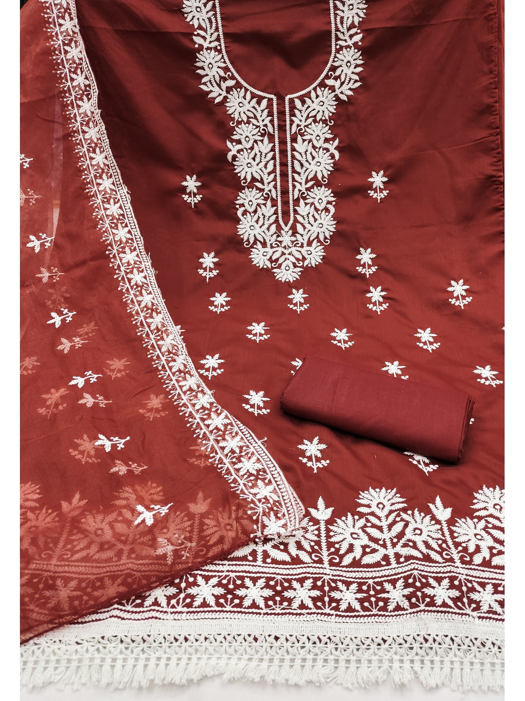 Peachmode Maroon Roman Silk Dress Material with Embroidered Dupatta - Image 4
