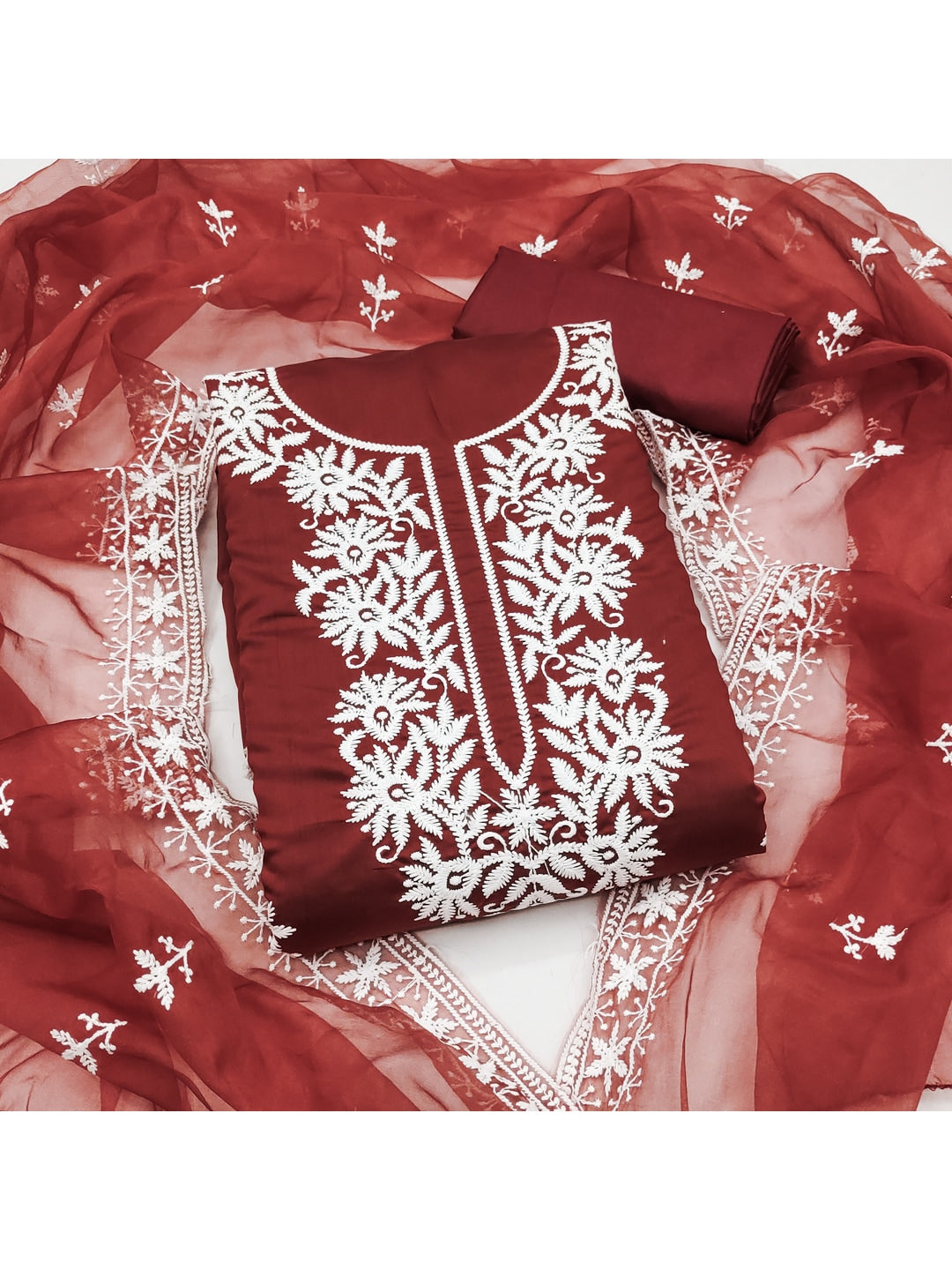 Peachmode Maroon Roman Silk Dress Material with Embroidered Dupatta - Image 1