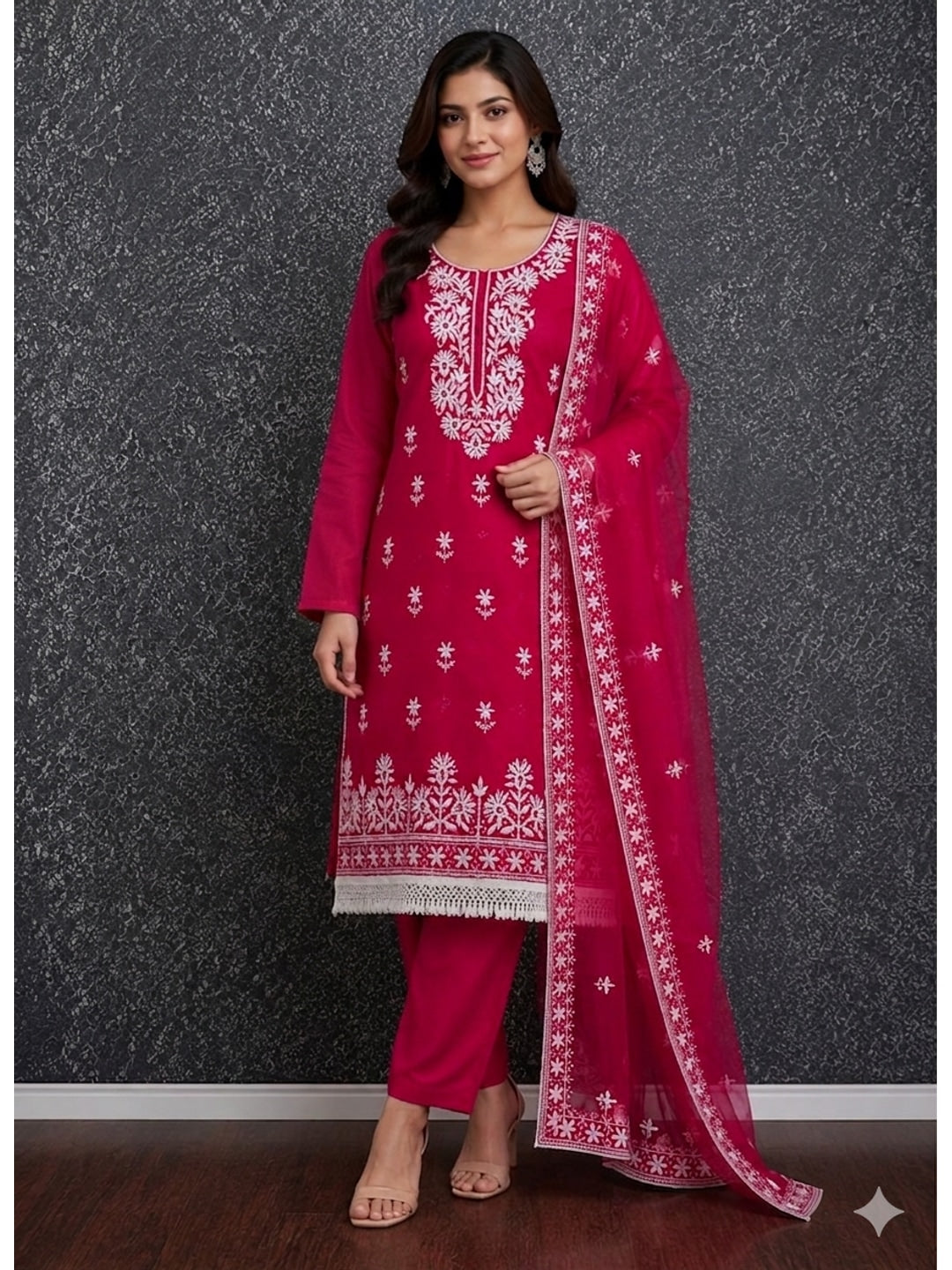 Peachmode Rani Pink Roman Silk Dress Material with Embroidered Dupatta - Image 2