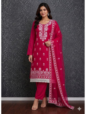 Peachmode Rani Pink Roman Silk Dress Material with Embroidered Dupatta - Image 1