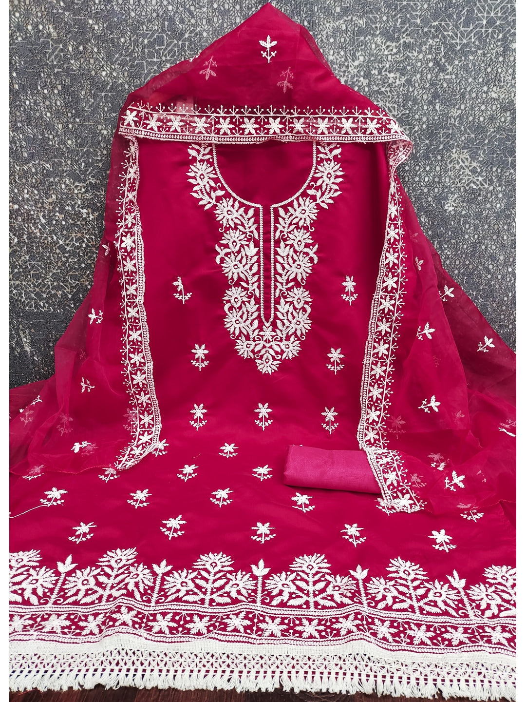 Peachmode Rani Pink Roman Silk Dress Material with Embroidered Dupatta - Image 3