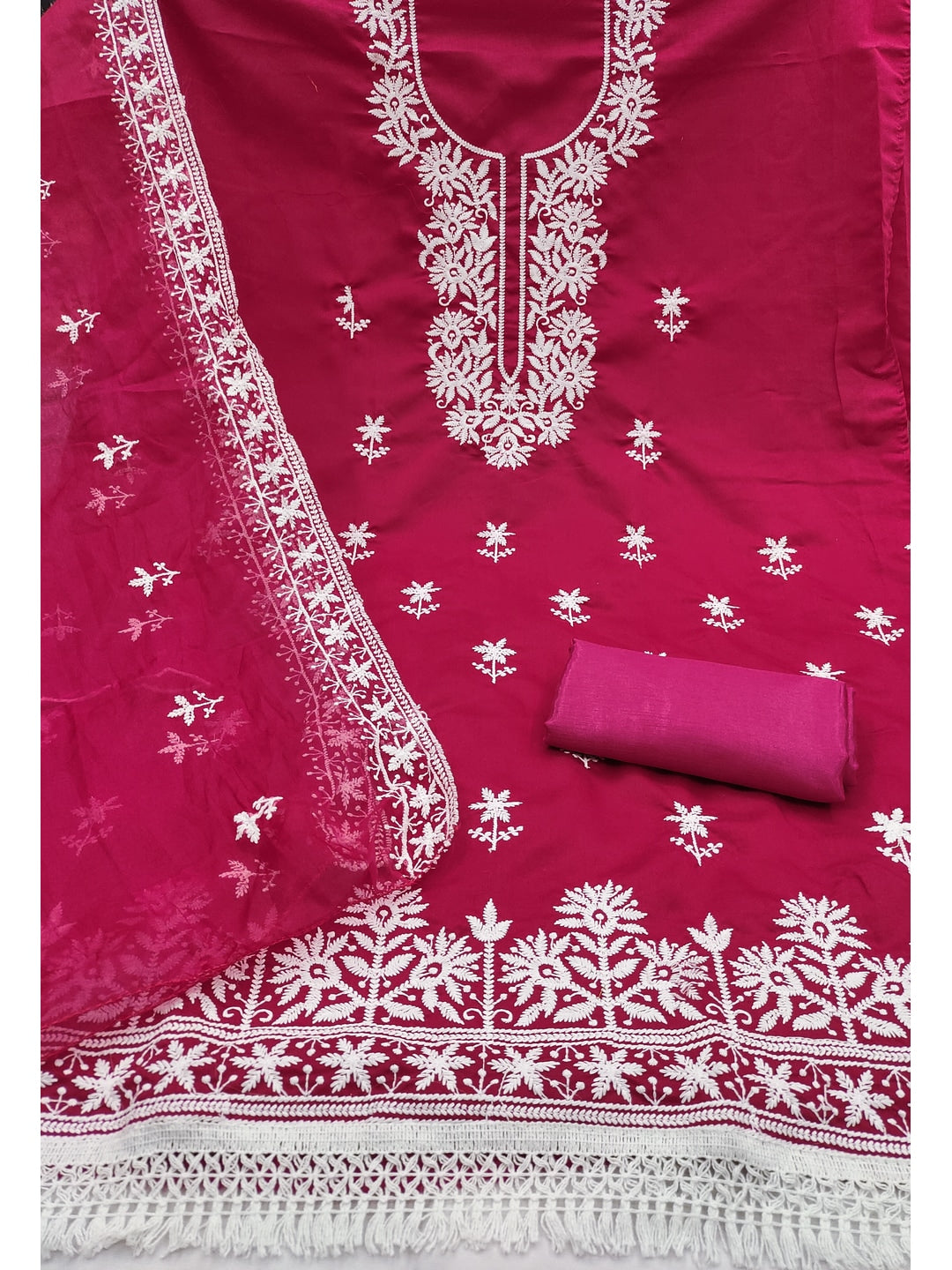 Peachmode Rani Pink Roman Silk Dress Material with Embroidered Dupatta - Image 4