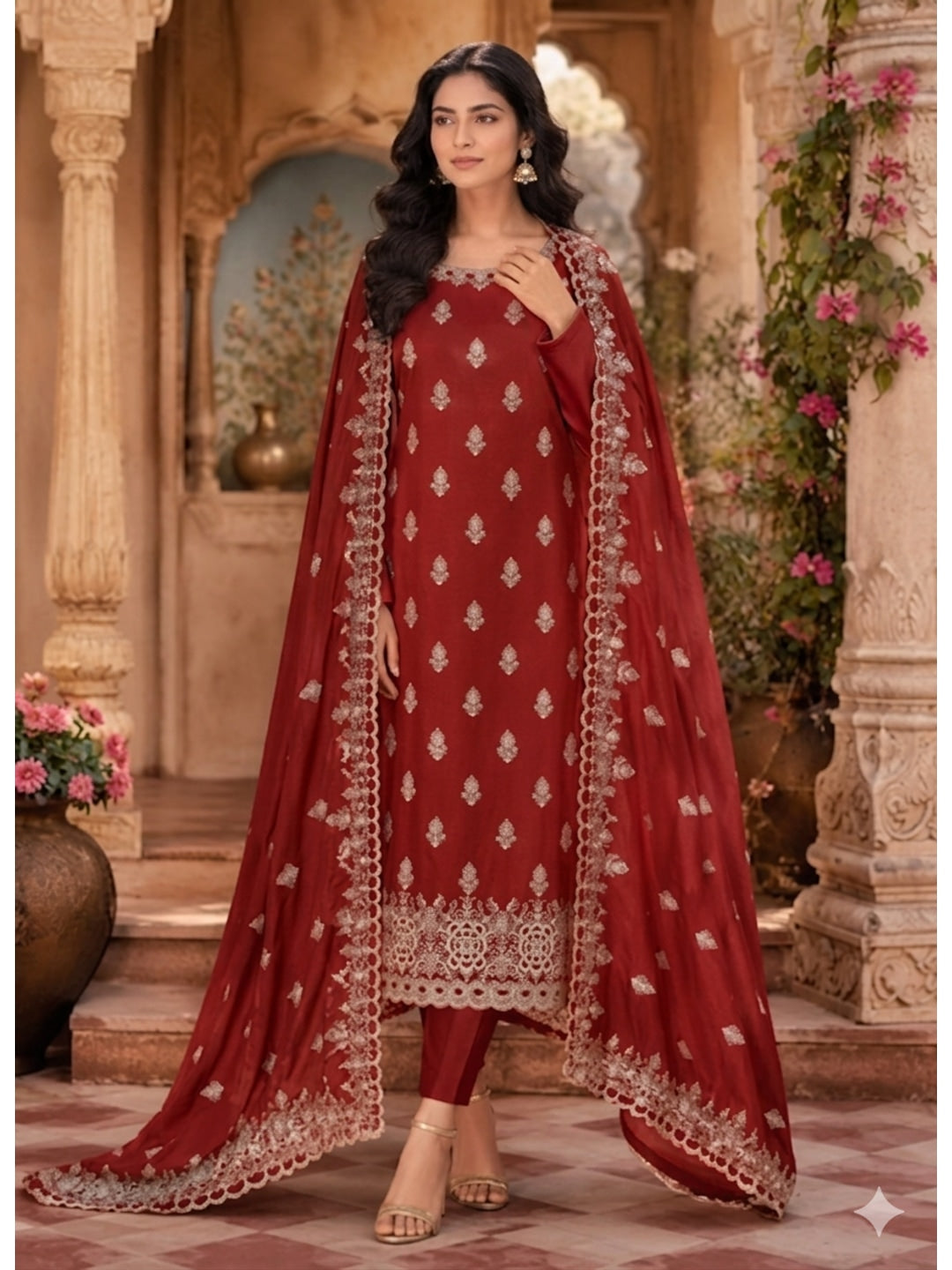 Peachmode Rust Vichitra Silk Dress Material with Embroidered Dupatta - Image 1