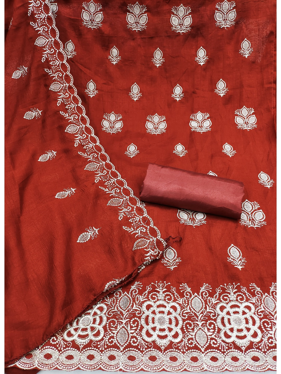 Peachmode Rust Vichitra Silk Dress Material with Embroidered Dupatta - Image 2
