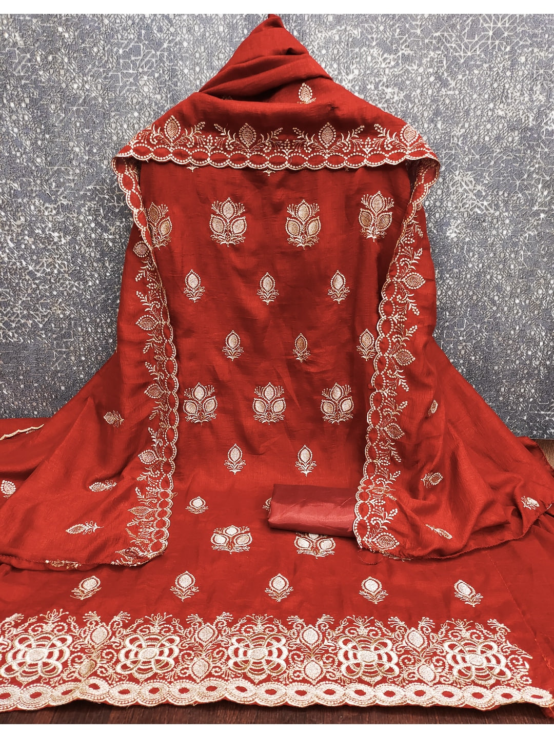 Peachmode Rust Vichitra Silk Dress Material with Embroidered Dupatta - Image 3