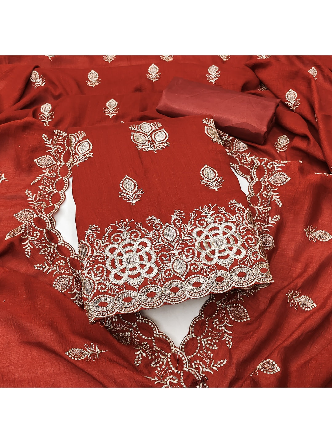 Peachmode Rust Vichitra Silk Dress Material with Embroidered Dupatta - Image 4