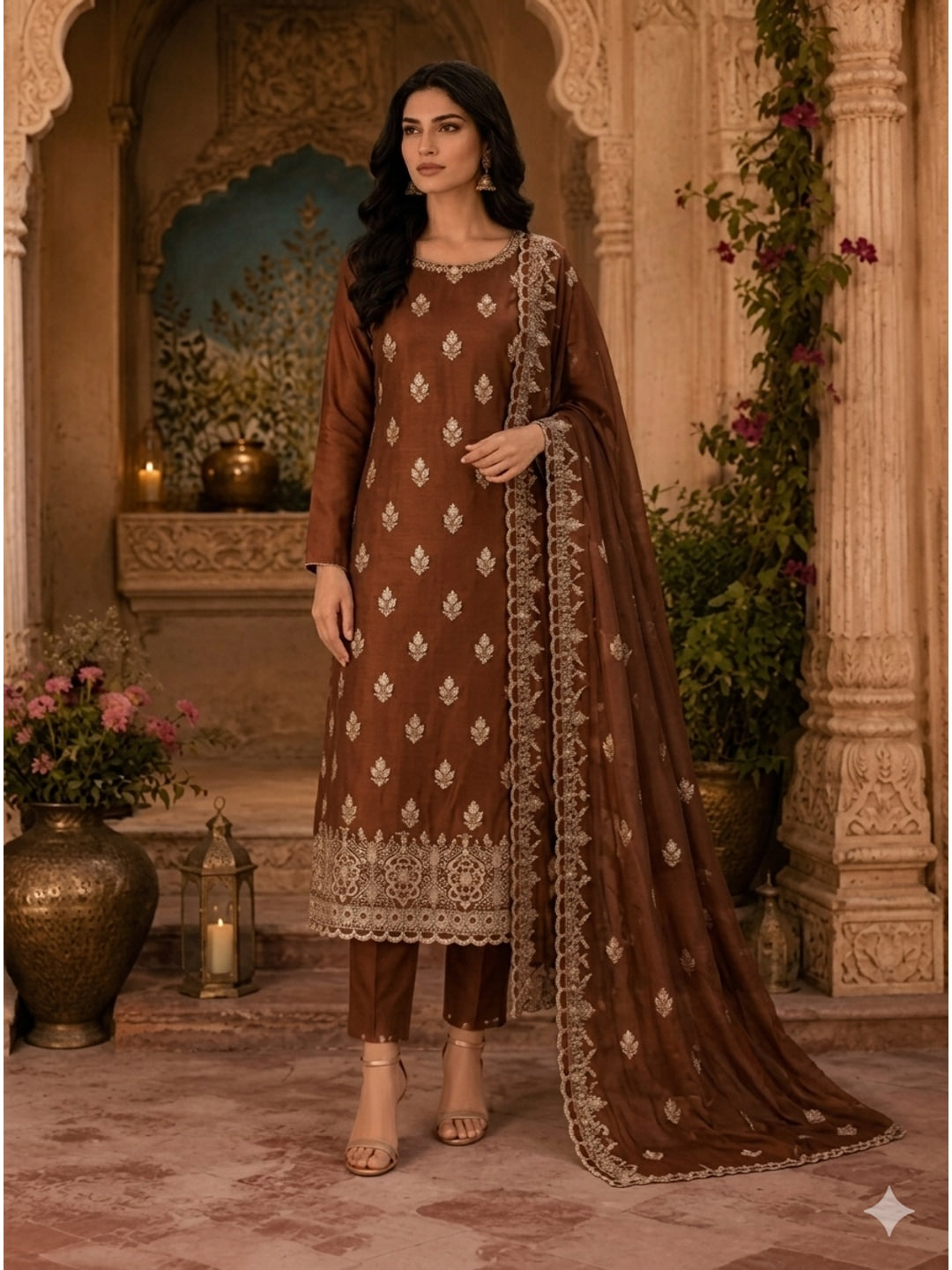 Peachmode Brown Vichitra Silk Dress Material with Embroidered Dupatta - Image 1