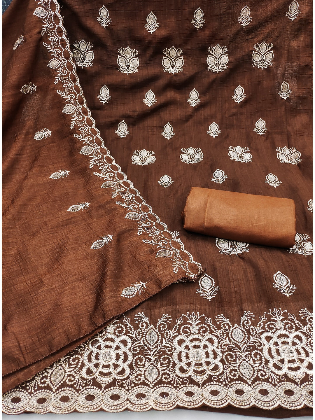 Peachmode Brown Vichitra Silk Dress Material with Embroidered Dupatta - Image 2