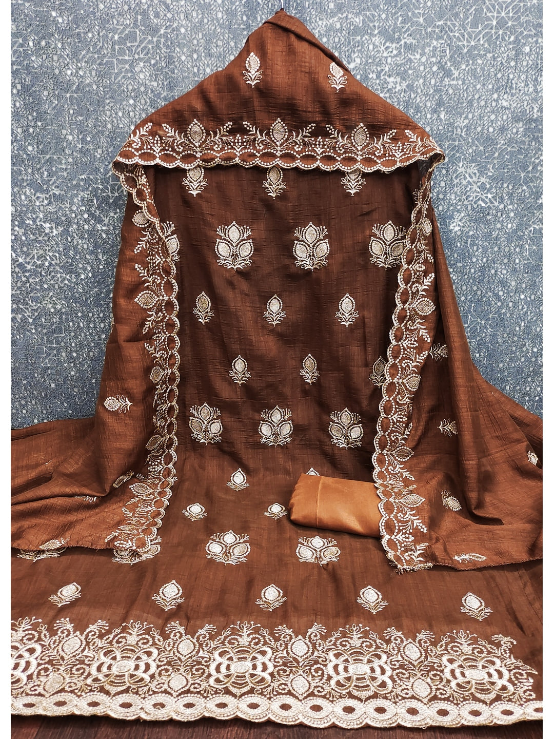 Peachmode Brown Vichitra Silk Dress Material with Embroidered Dupatta - Image 3