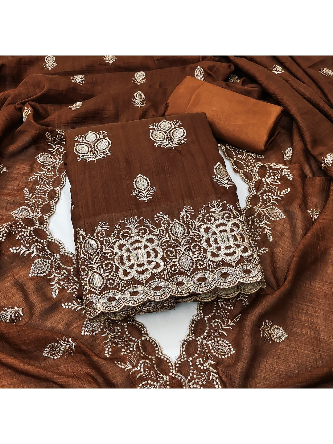 Peachmode Brown Vichitra Silk Dress Material with Embroidered Dupatta - Image 4
