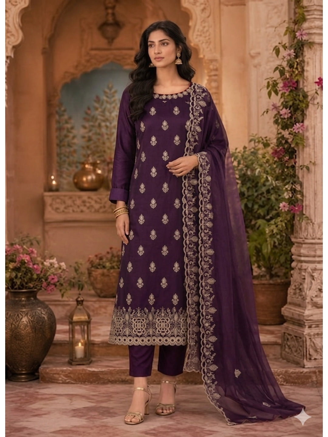 Peachmode Wine Vichitra Silk Dress Material with Embroidered Dupatta - Image 1