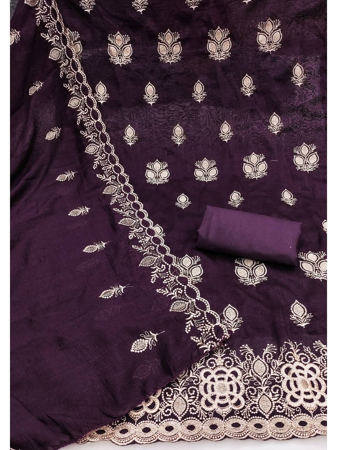 Peachmode Wine Vichitra Silk Dress Material with Embroidered Dupatta - Image 2