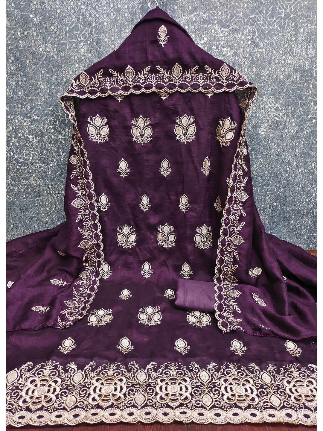 Peachmode Wine Vichitra Silk Dress Material with Embroidered Dupatta - Image 3