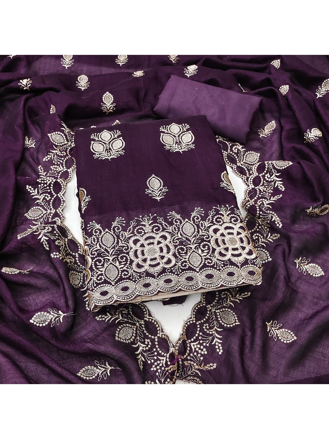 Peachmode Wine Vichitra Silk Dress Material with Embroidered Dupatta - Image 4