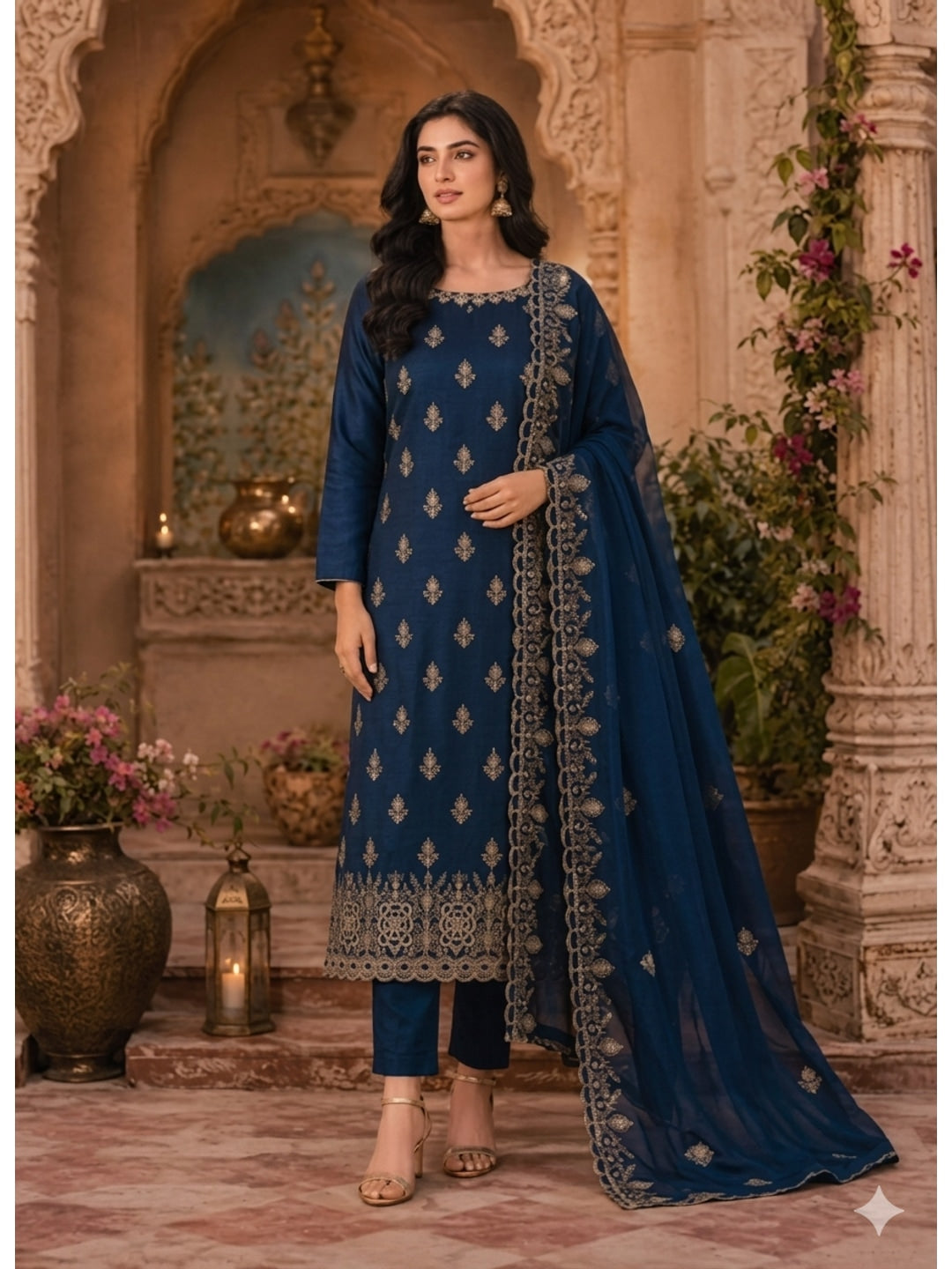 Peachmode Blue Vichitra Silk Dress Material with Embroidered Dupatta - Image 1