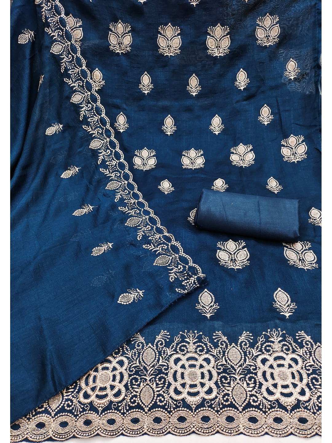 Peachmode Blue Vichitra Silk Dress Material with Embroidered Dupatta - Image 2