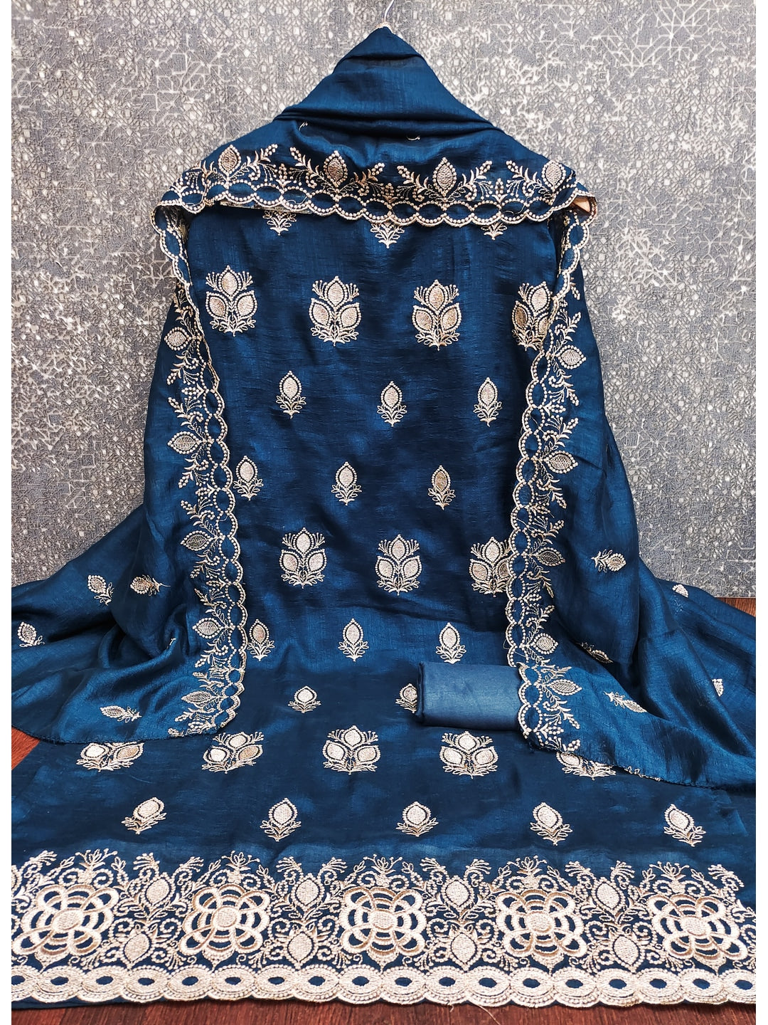 Peachmode Blue Vichitra Silk Dress Material with Embroidered Dupatta - Image 3