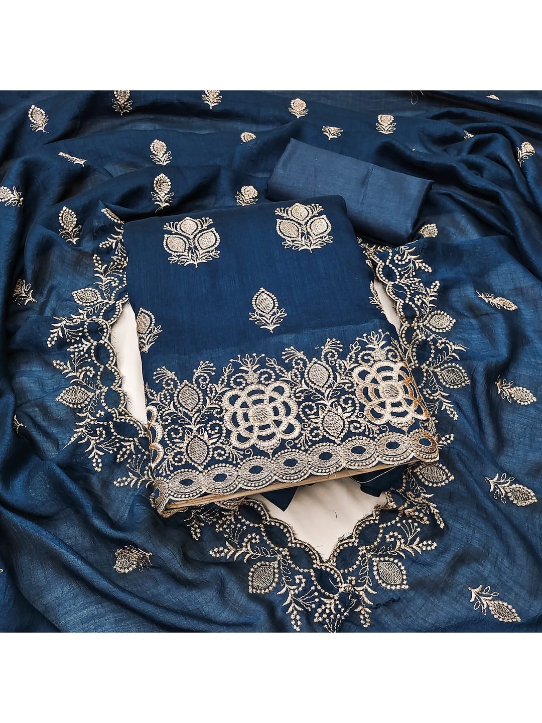 Peachmode Blue Vichitra Silk Dress Material with Embroidered Dupatta - Image 4