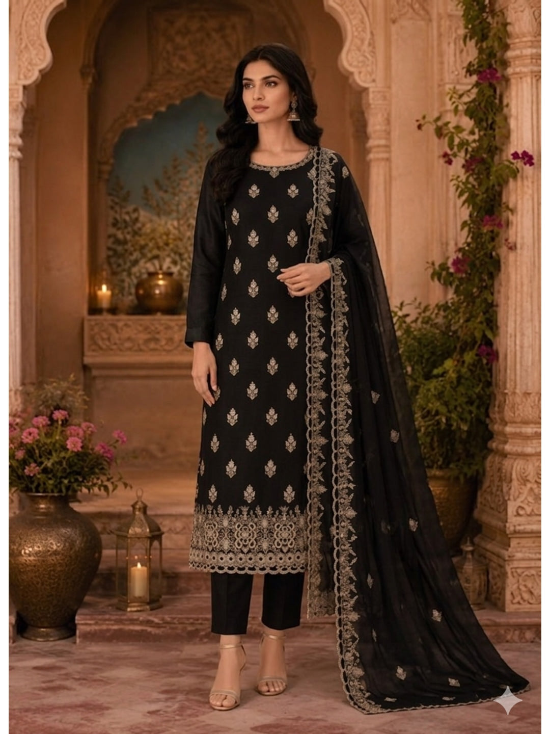 Peachmode Black Vichitra Silk Dress Material with Embroidered Dupatta - Image 1