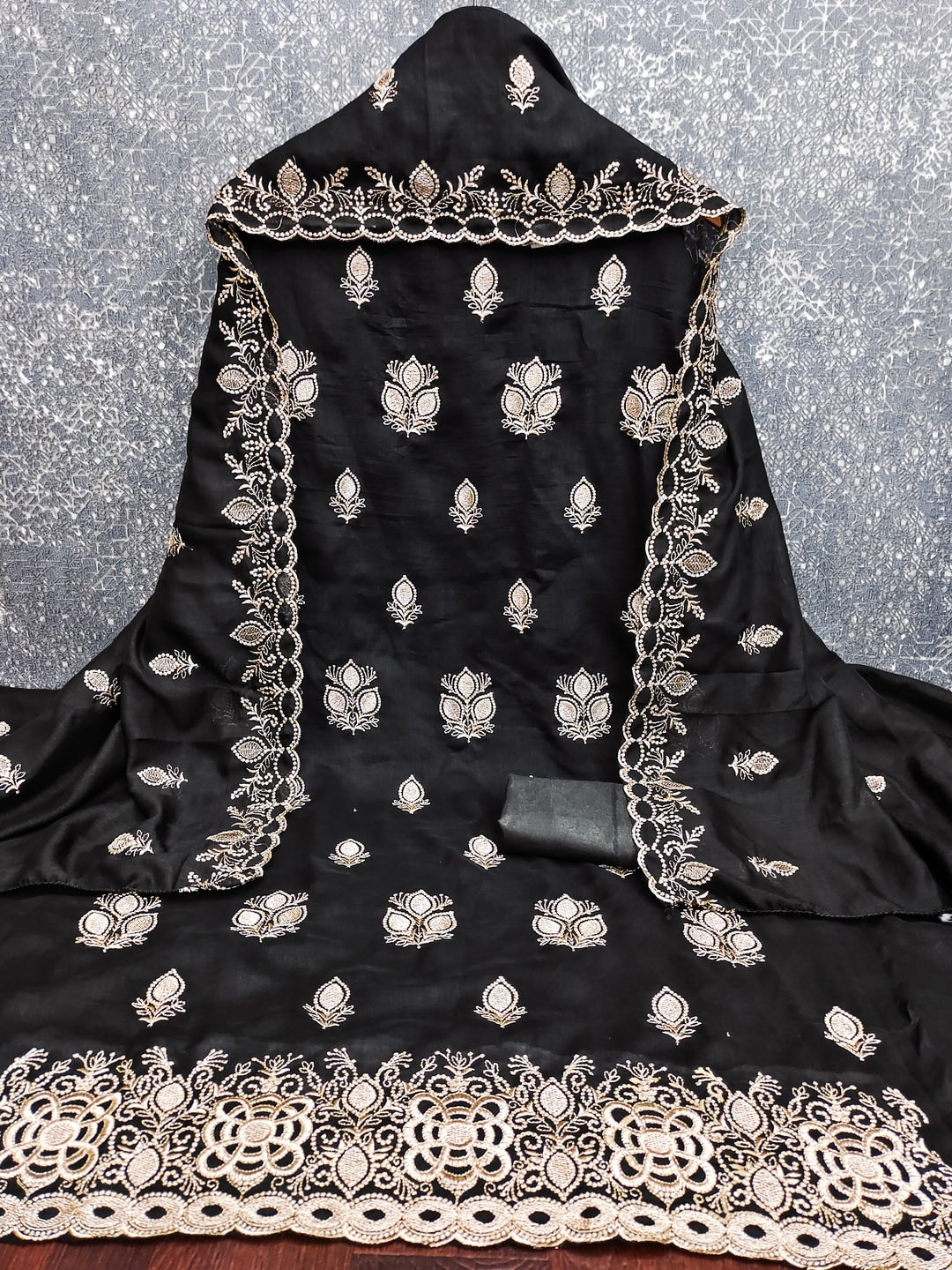 Peachmode Black Vichitra Silk Dress Material with Embroidered Dupatta - Image 3