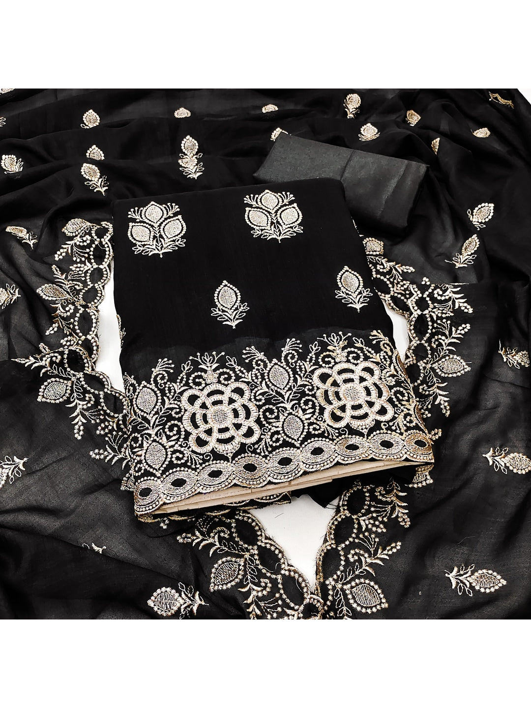 Peachmode Black Vichitra Silk Dress Material with Embroidered Dupatta - Image 4