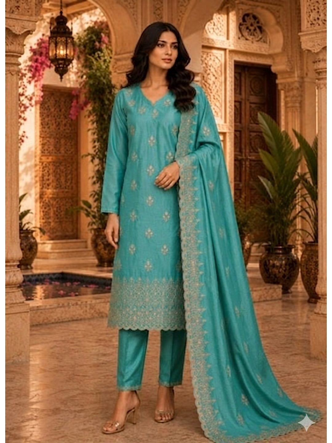 Peachmode Turquoise Vichitra Silk Dress Material with Embroidered Dupatta - Image 1