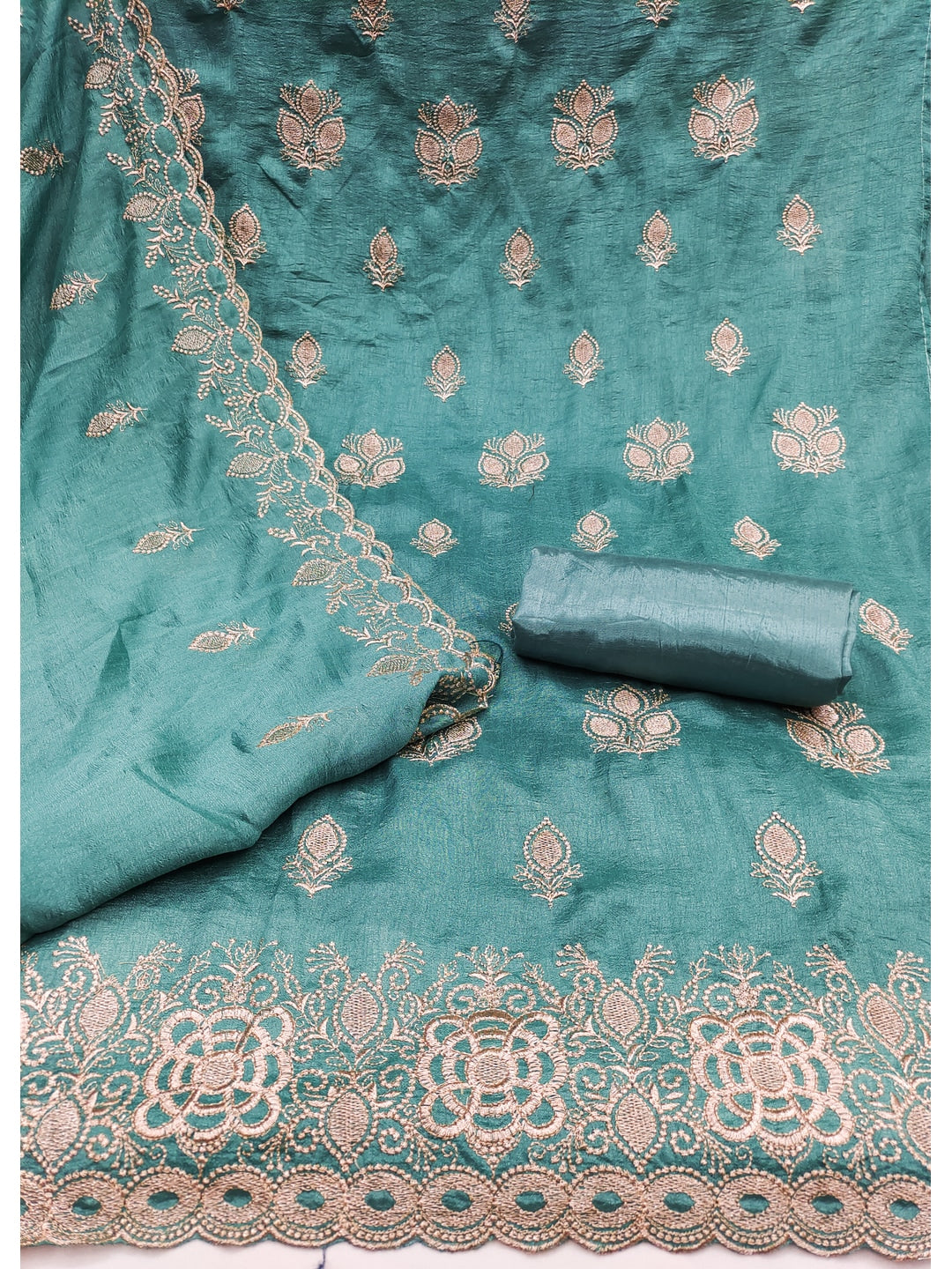Peachmode Turquoise Vichitra Silk Dress Material with Embroidered Dupatta - Image 2