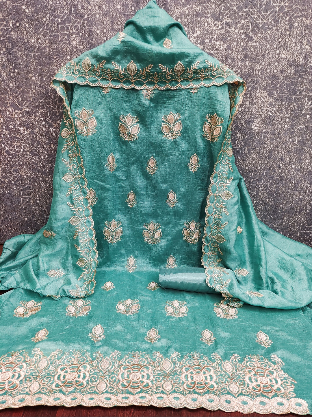 Peachmode Turquoise Vichitra Silk Dress Material with Embroidered Dupatta - Image 3
