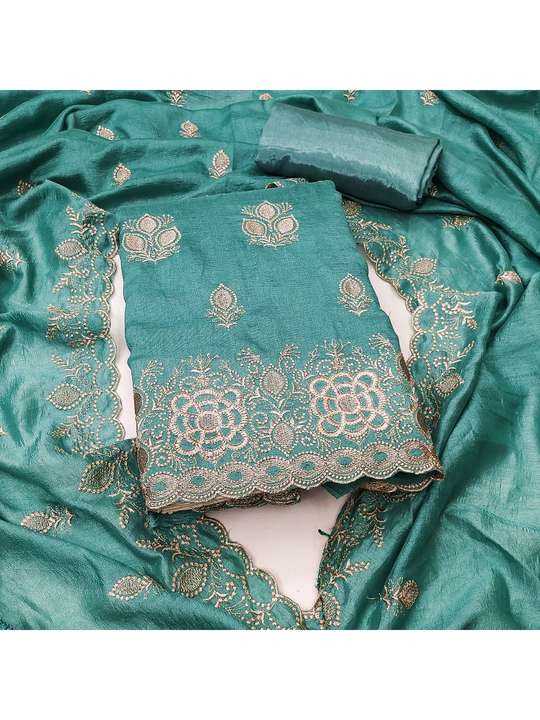 Peachmode Turquoise Vichitra Silk Dress Material with Embroidered Dupatta - Image 4