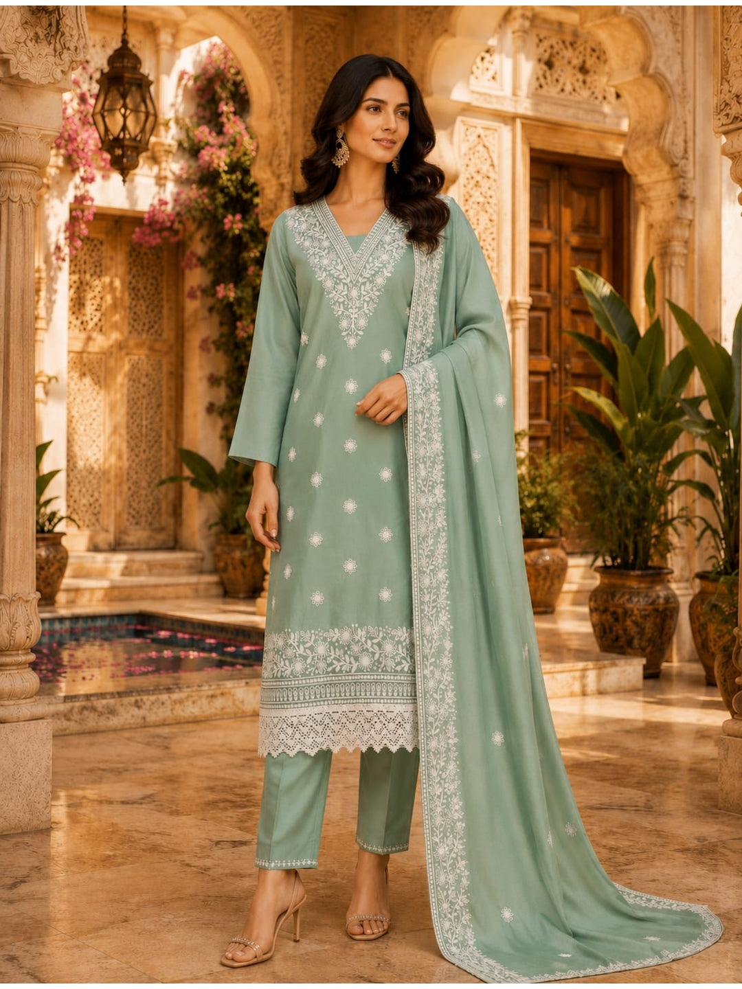 Peachmode Sea Green Jalpari Cotton Dress Material with Embroidered Dupatta - Image 2