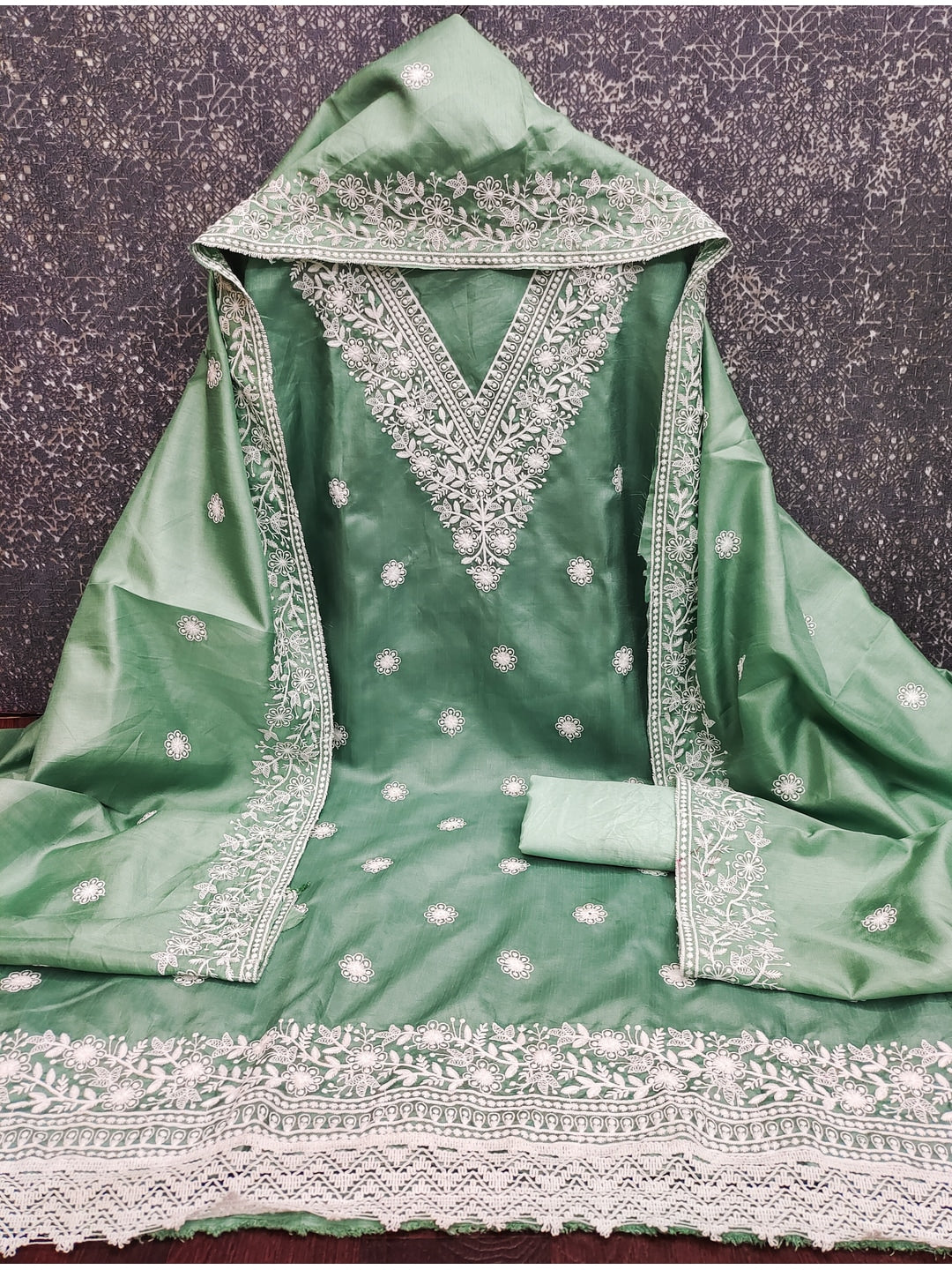 Peachmode Sea Green Jalpari Cotton Dress Material with Embroidered Dupatta - Image 3