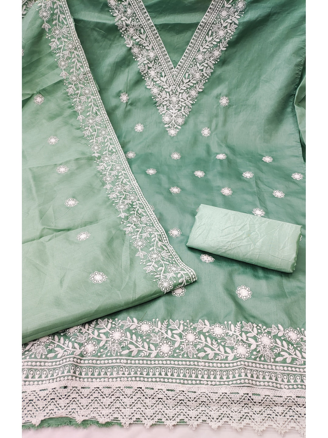 Peachmode Sea Green Jalpari Cotton Dress Material with Embroidered Dupatta - Image 4